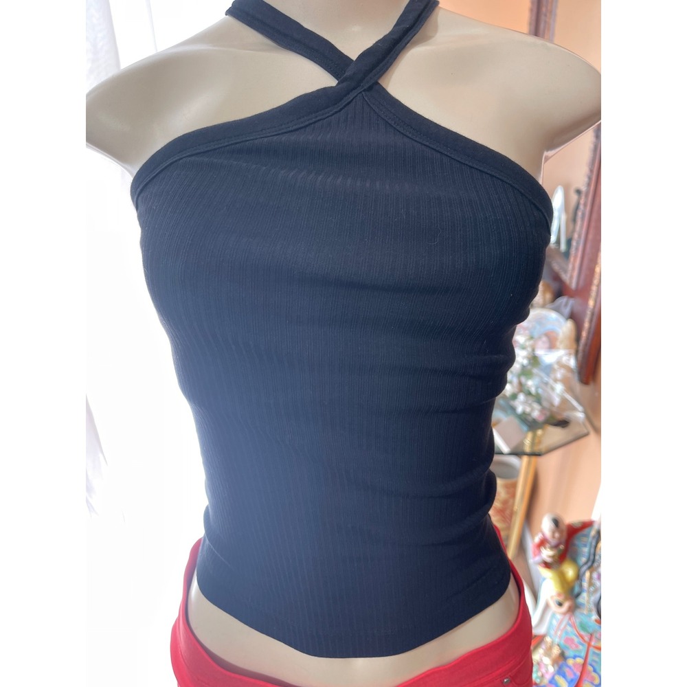 Old Navy‎ Black Ribbed Halter Neck Tank Top Cross Front XS